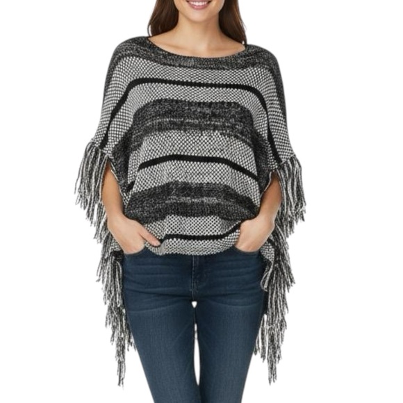 Lucky Brand Sweaters - Lucky Brand Black Gray Wool Blend Tasseled Pullover Poncho Extra Large
